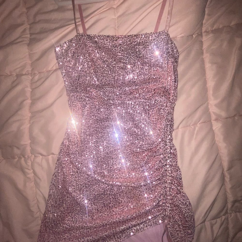 White fox Pink sequin mini dress
